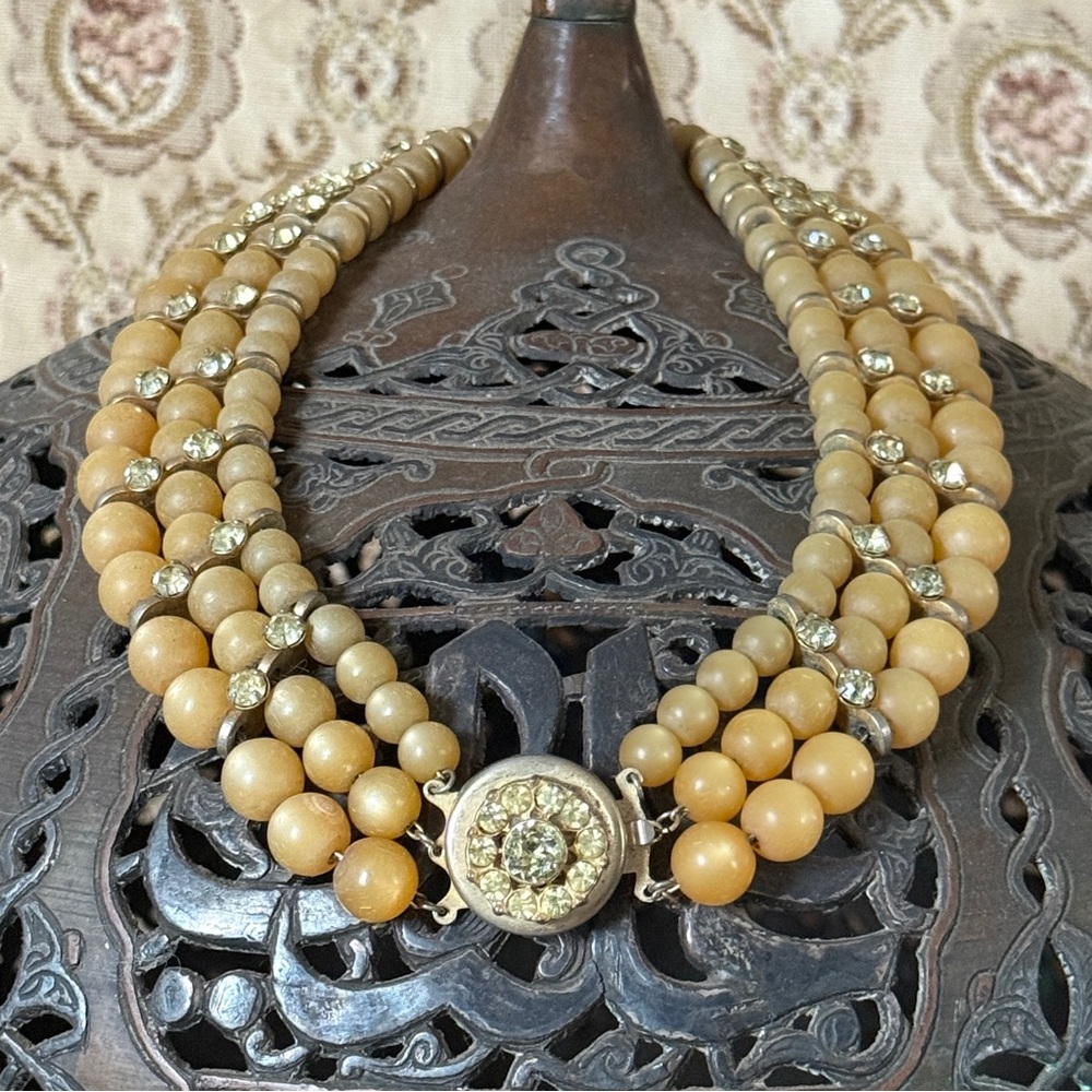 Vintage 1930’s Galalith Beaded Structured Multistrand Choker; Rhinestone Accents